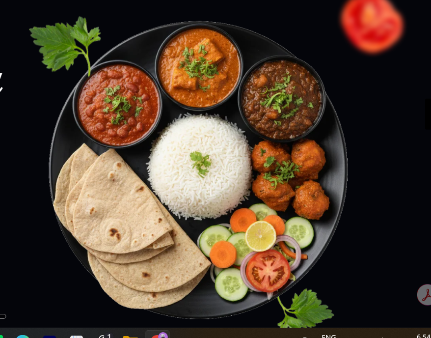 Indian thali with curries, rice, roti, and salad